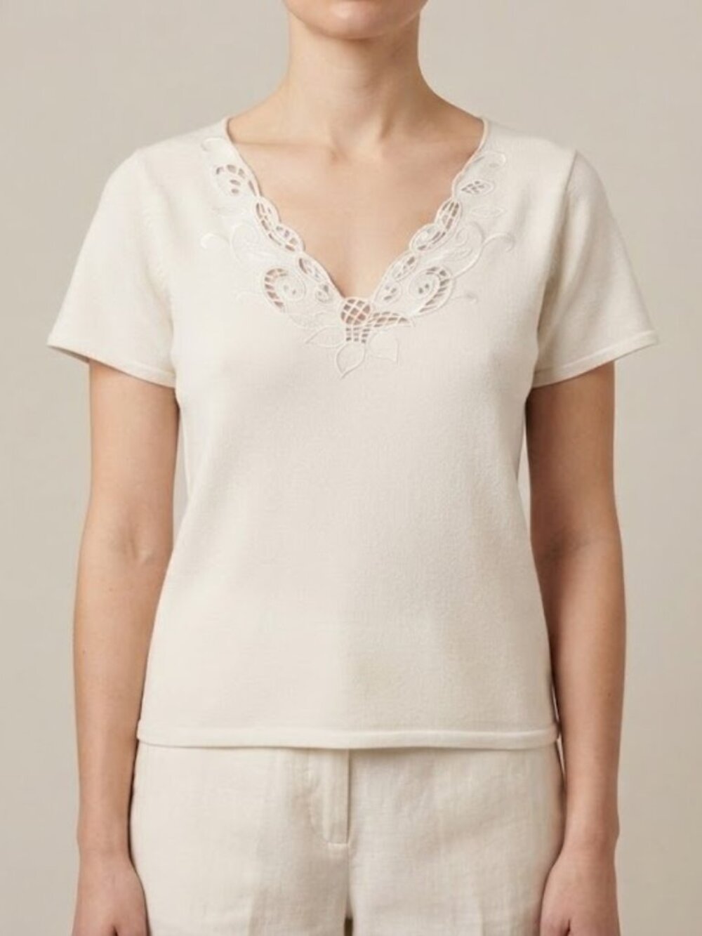 Emma James White Short-Sleeve V-Neck Top with Cutwork Detail
